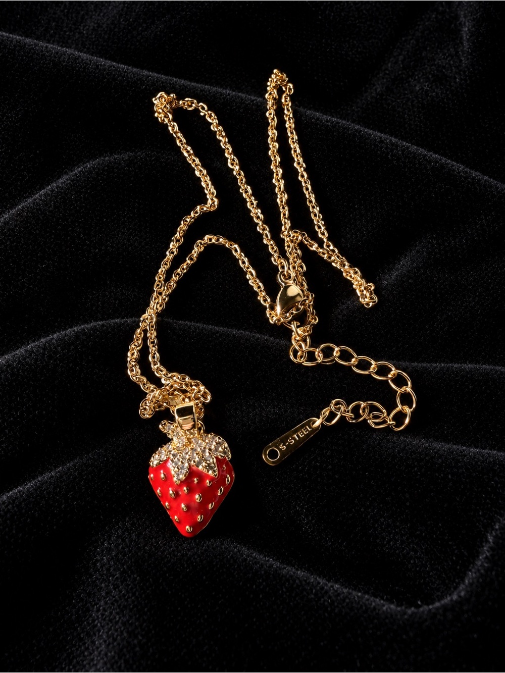 Gold Color Stainless Steel Strawberry Pendant Necklace Crystal Accents